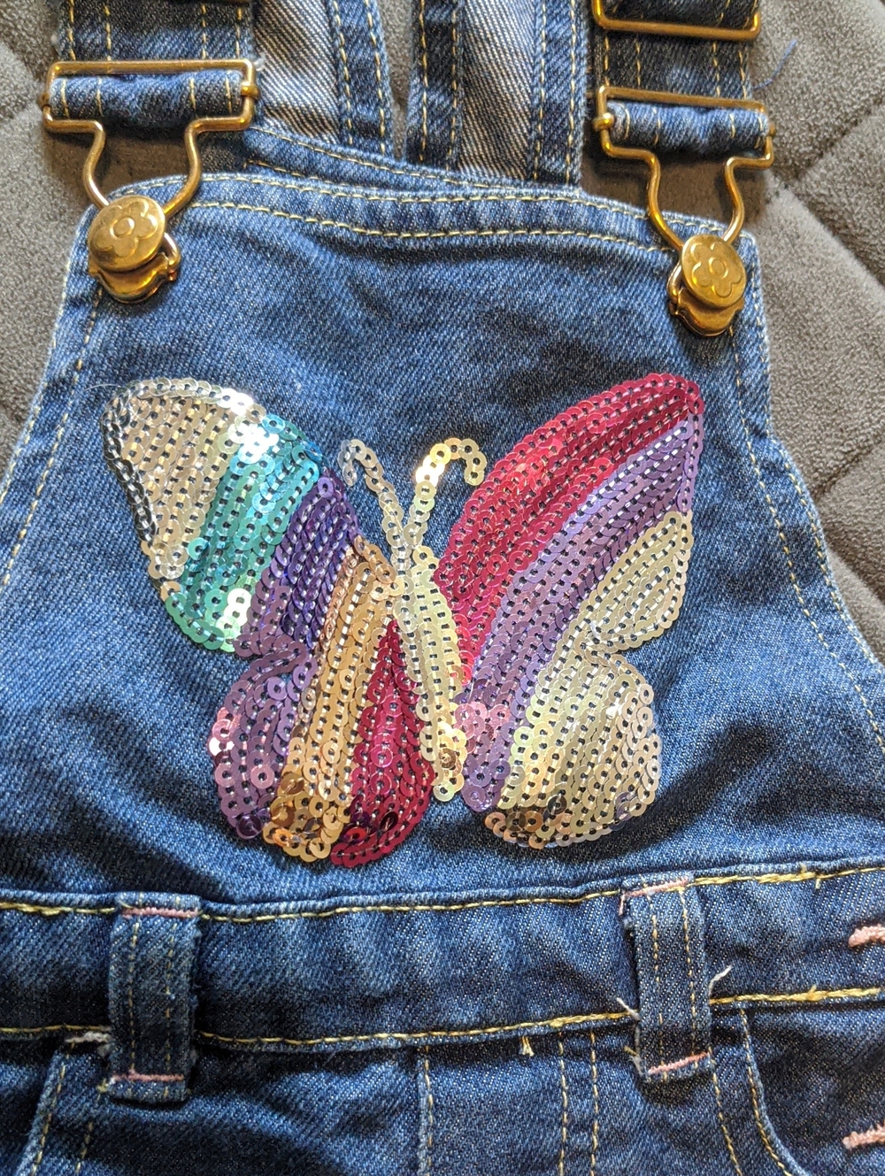 Colette Lilly Baby Girl Butterfly Sequin Denim Shortalls Overalls Size 12M - Picture 2 of 11